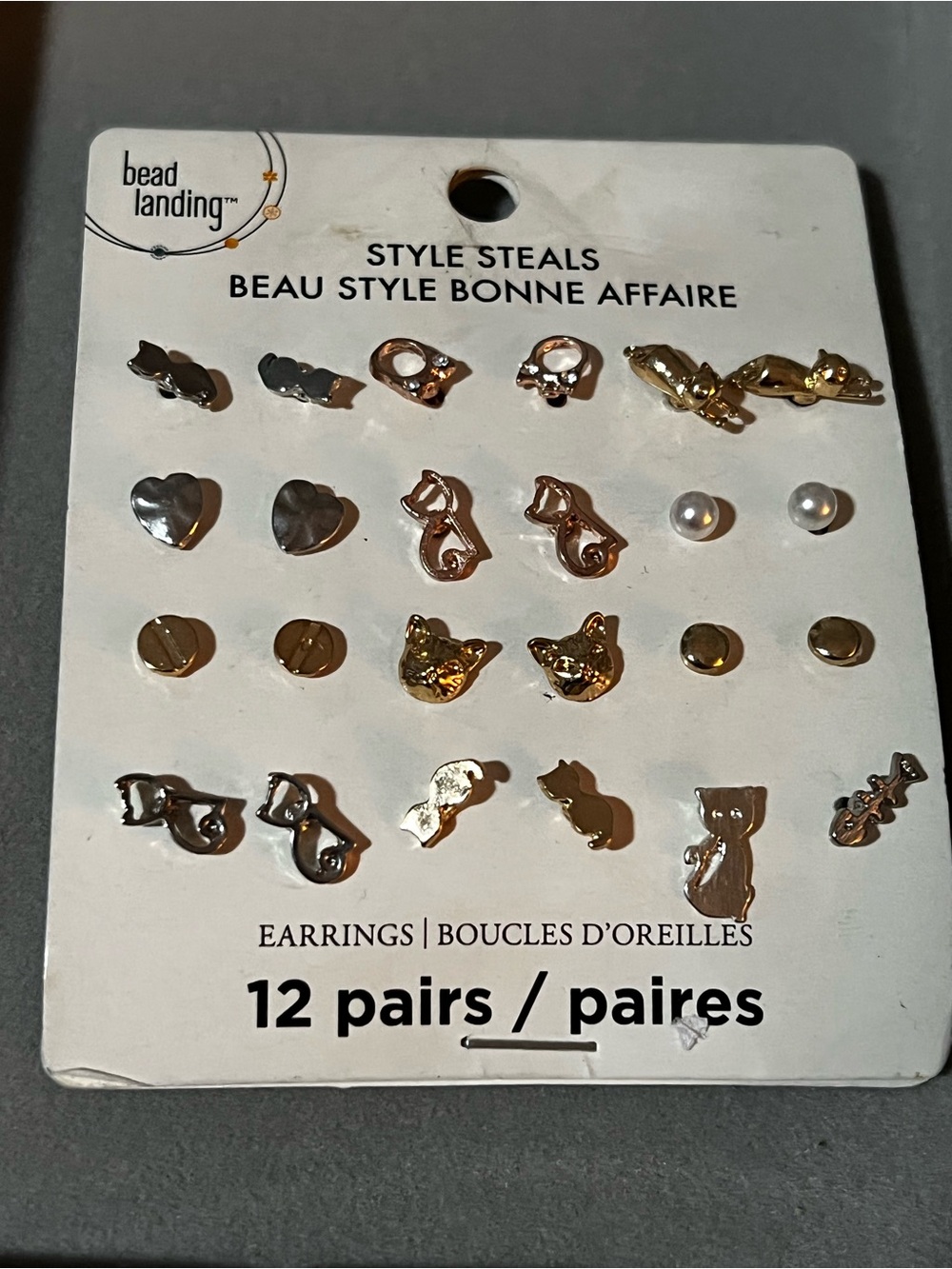 Gold and Silver Cat and Halloween Stud Earring Set - 12 Pairs
